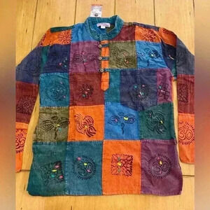 Shop Holic Women's Nepal Cotton Patchwork Handmade Shirt medium oversized
